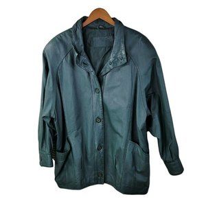 Vintage 80s Leather Bomber Jacket size Large Coat womens Winter pockets green